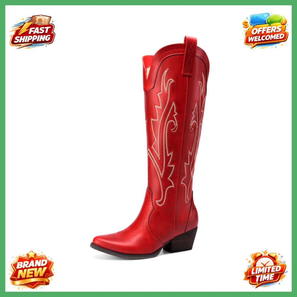 Embroidered Western Pull-On Knee-High Cowboy Boots Retro Vintage Style